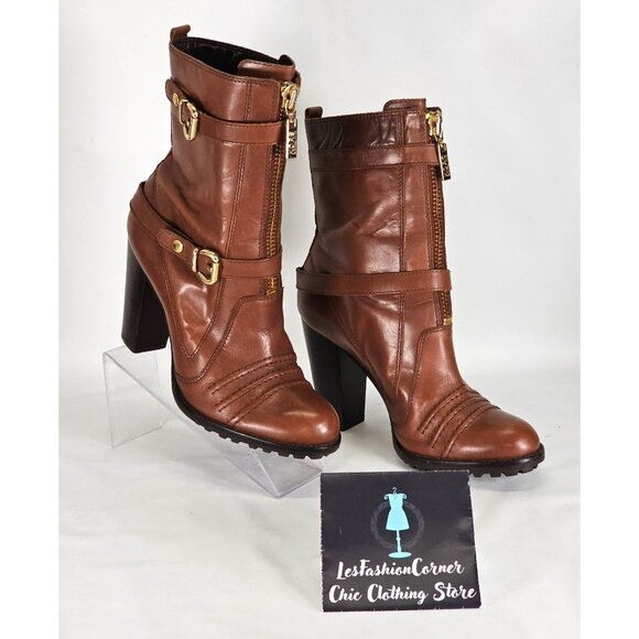 Michael Kors Women's Brown Leather High Heel Mid Calf Boots  Size 10W 302 - Picture 4 of 15